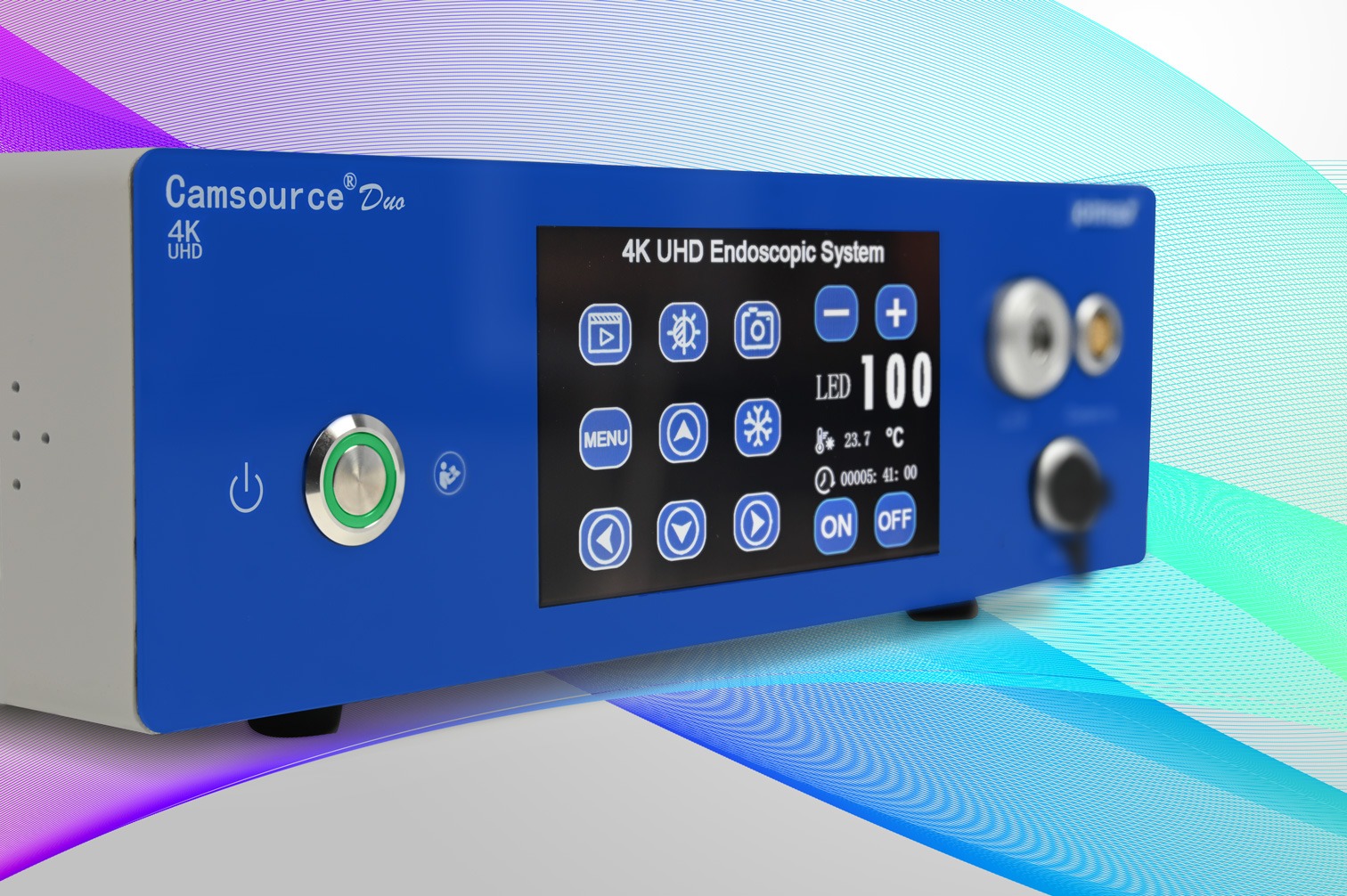 Illustration of a Camsource Duo- Camera & Light Source System by Joimax embedded in an RGB color beam.