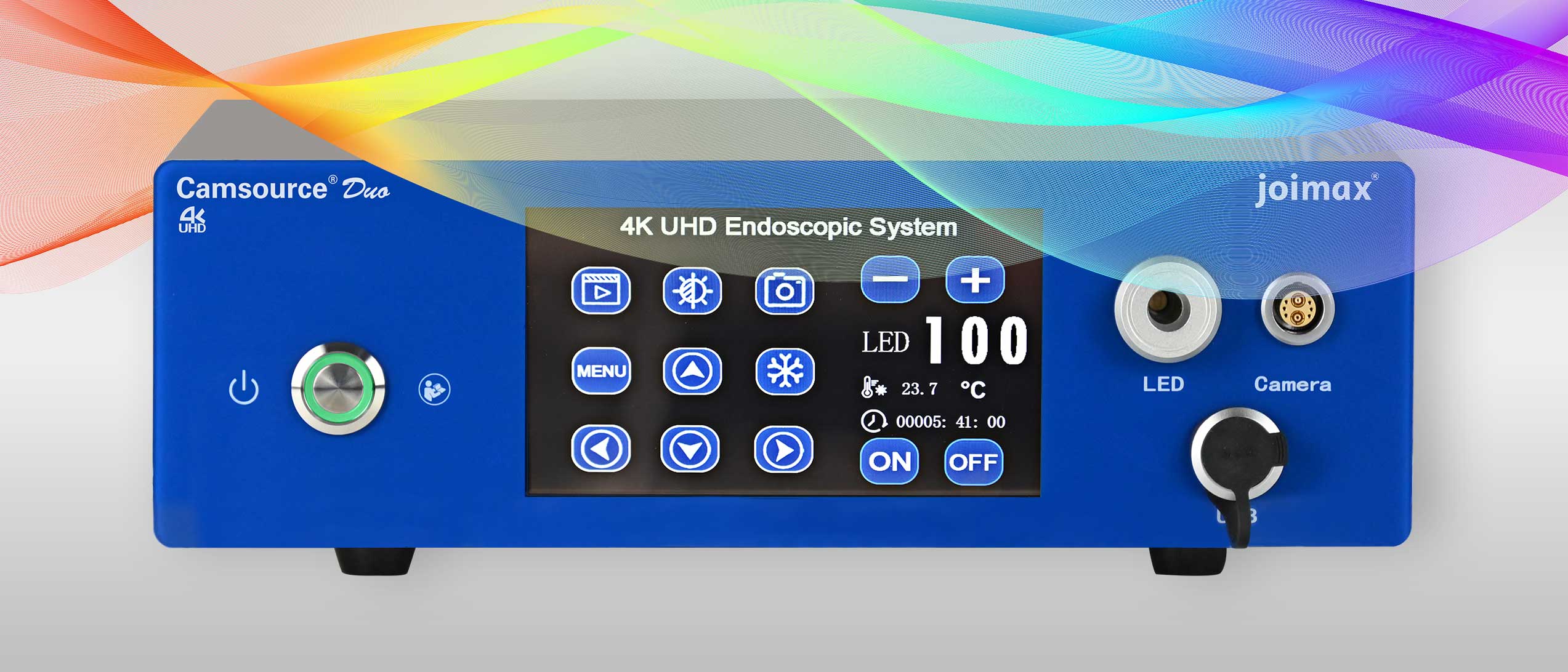 Illustration of a Camsource Duo- Camera & Light Source System by Joimax embedded in an RGB color beam.