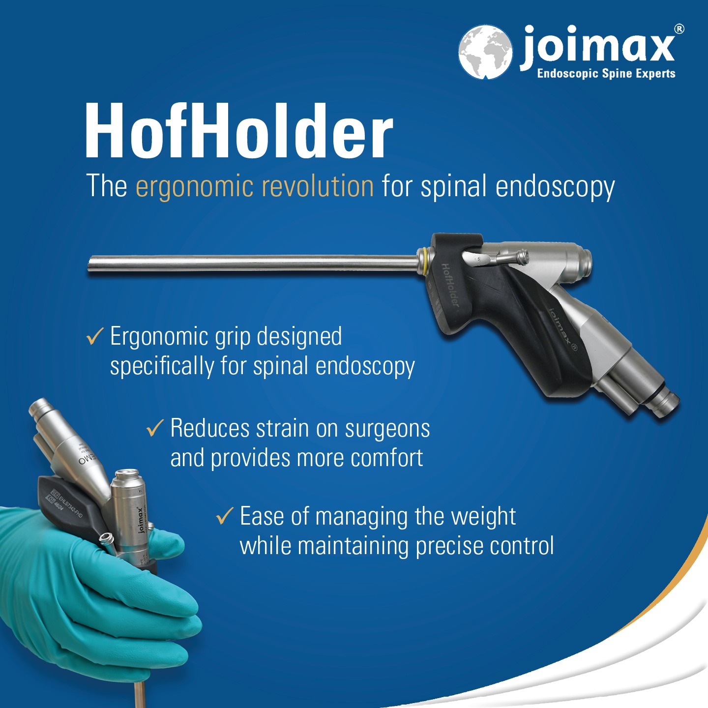 Illustration of the ergonomic grip Hofholder by joimax on a blue background. The picture shows the hofholder attached to joimax endoscopes