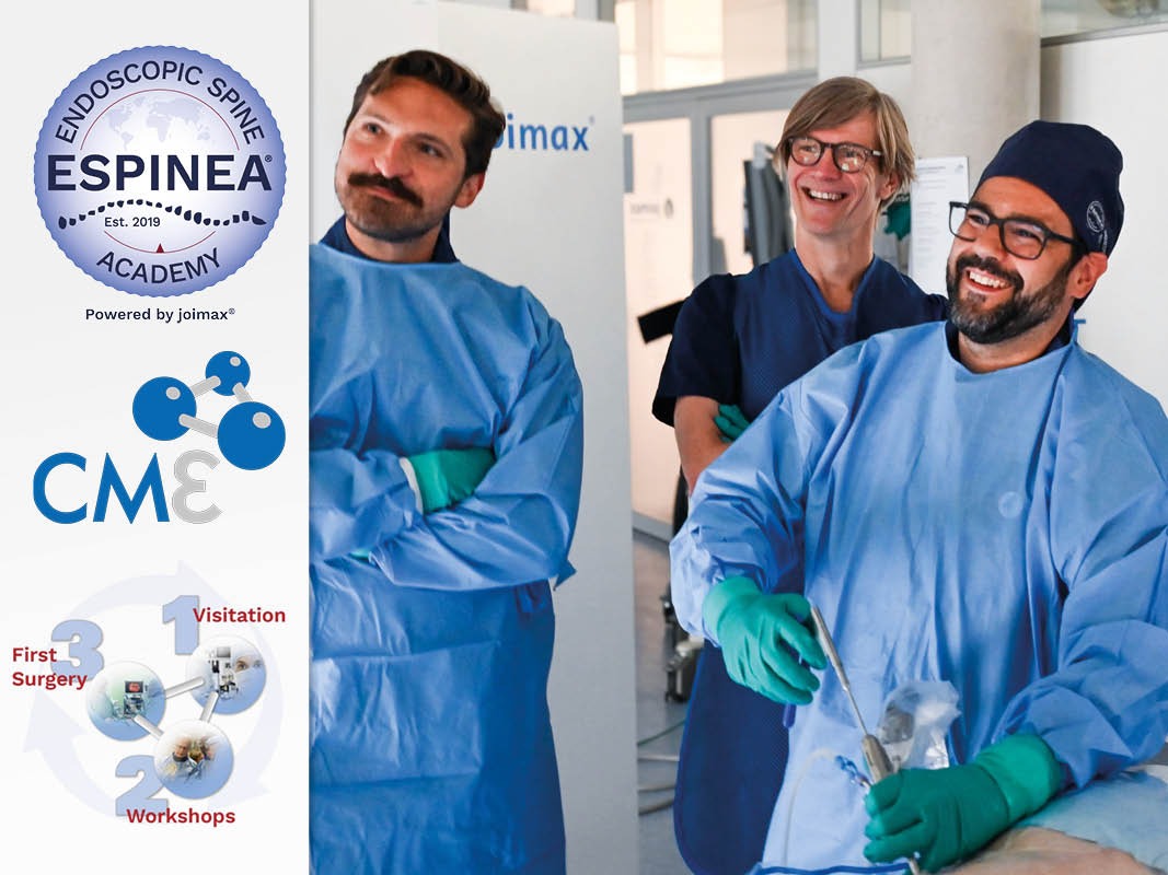 joimax CM3 Program Picture with laughing surgeons in a endoscopic spine surgery training environment and the ESPINEA Logo on the left